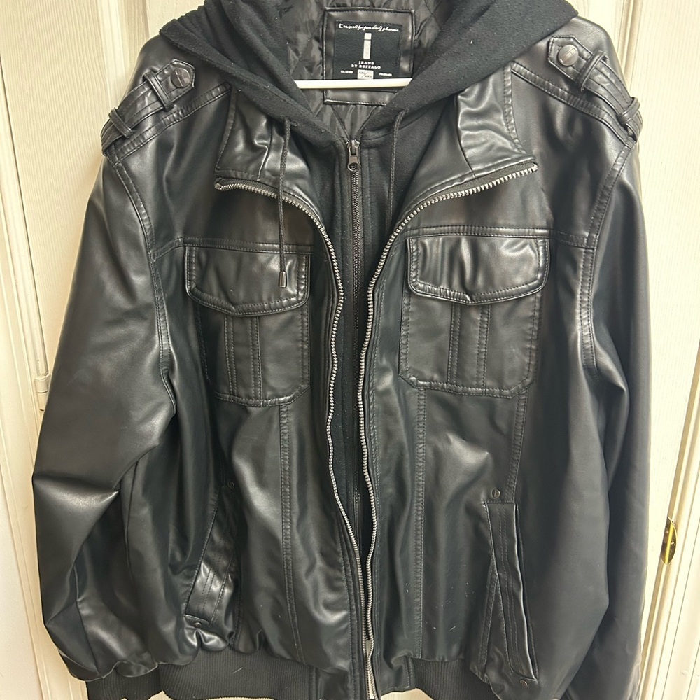 Men's Black Faux Leather Double-Zipper Hooded Jacket